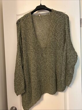 Free People Asymmetrical Olive V-Neck Lightweight Open-Stitch Sweater
